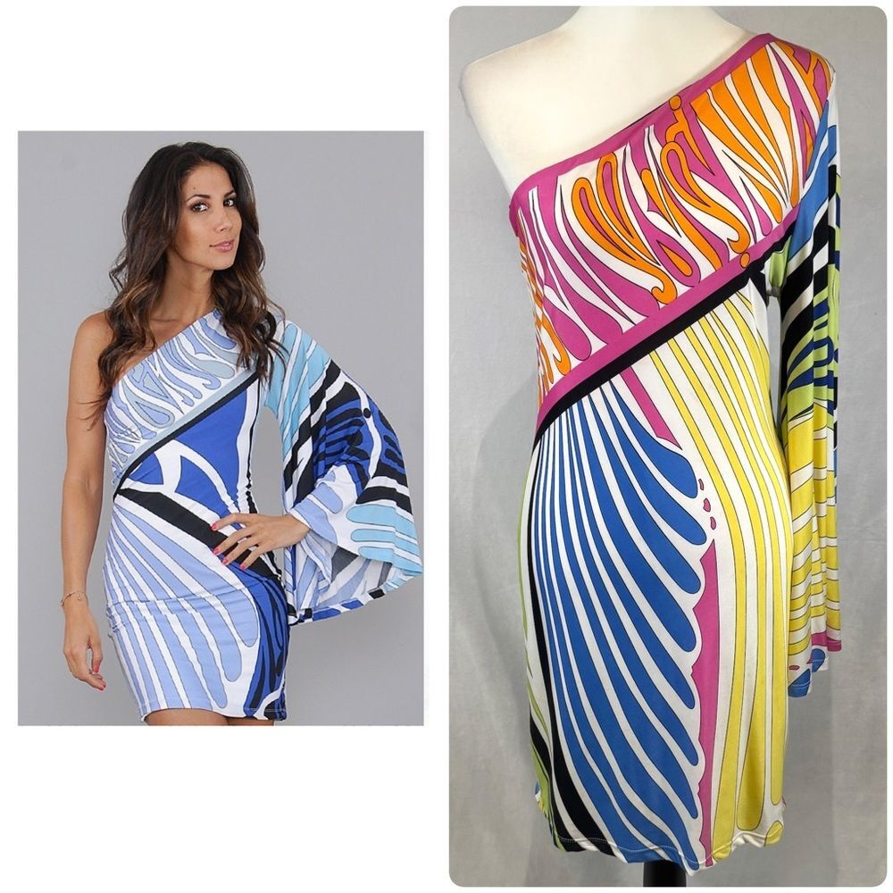 Analili stunning colorful one shoulder flare abstract retro bodycon dress medium